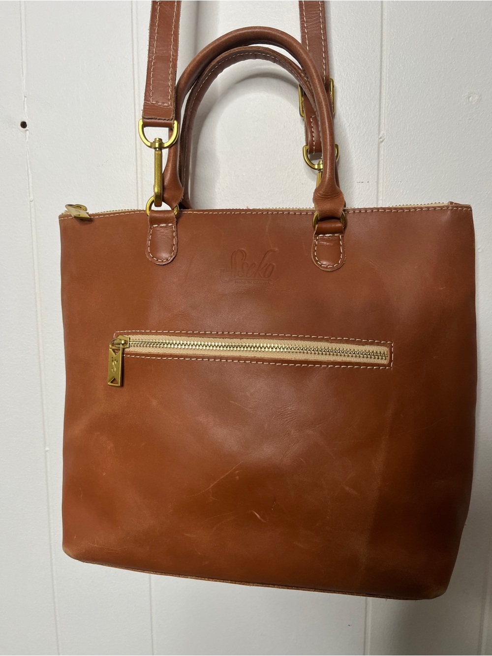 Sseko Classic Brown Leather Crossbody Tote Bag with Handles Zip Top - Picture 2 of 7